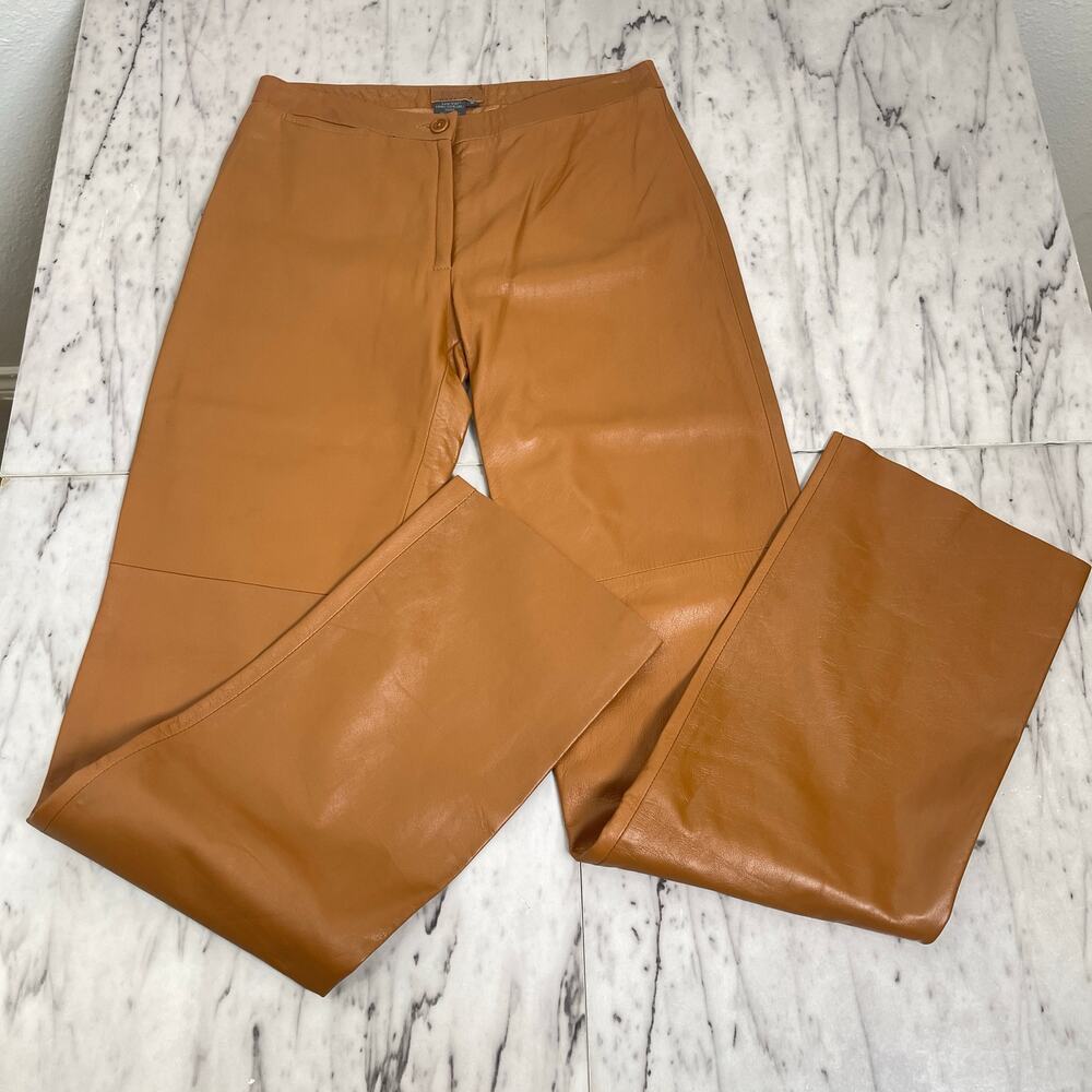 BCBG Max Azria Cognac Leather Pants Size 0 High Rise Straight Leg Real Leather